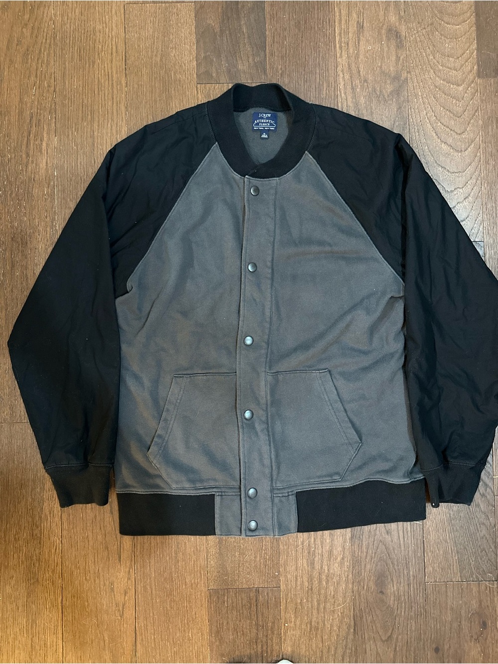 J.Crew Authentic Fleece Varsity Bomber Jacket Black Gray XL
